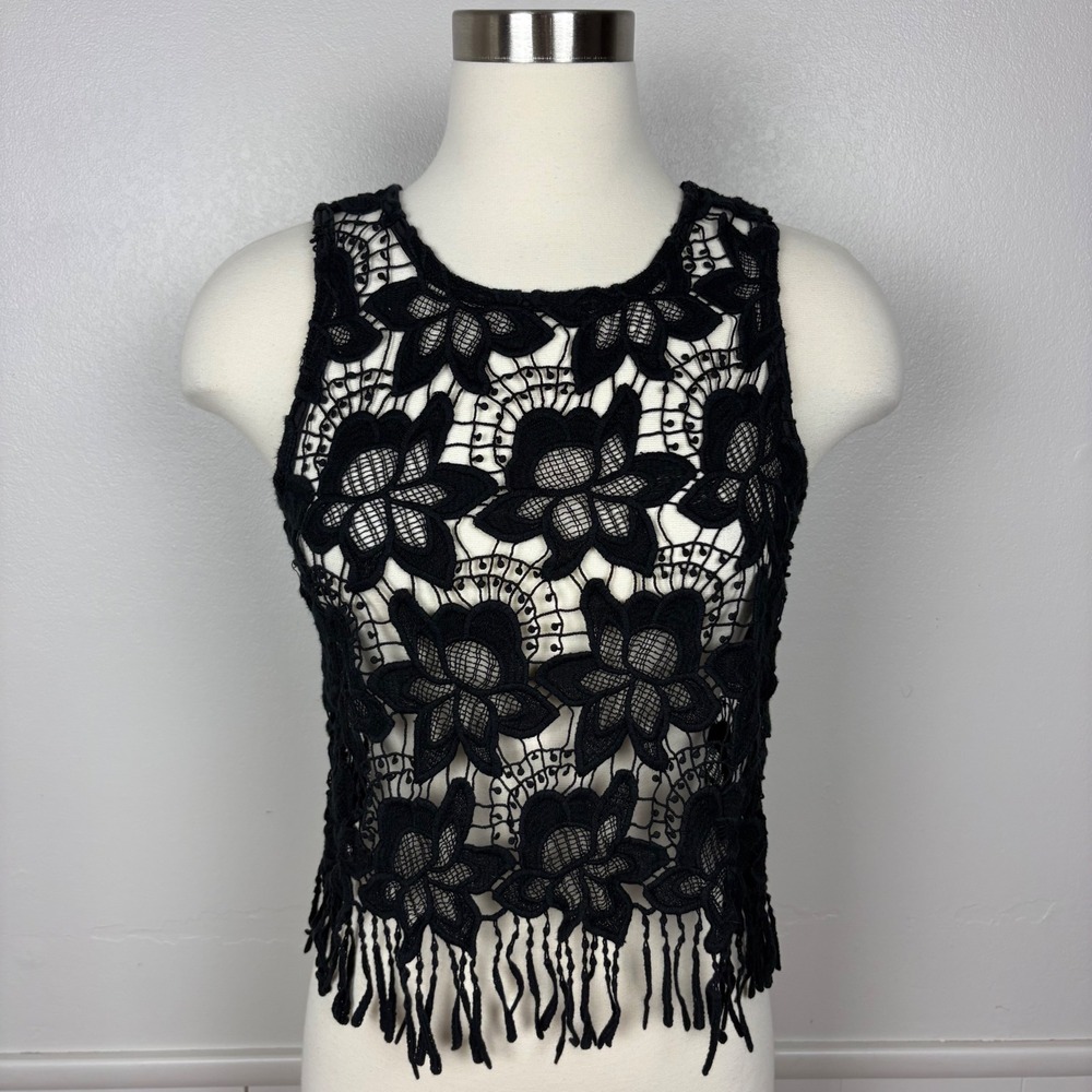 Ambiance Black Lace‎ Sleeveless Top Fringed Size M Dark Cottagecore Whimsigoth